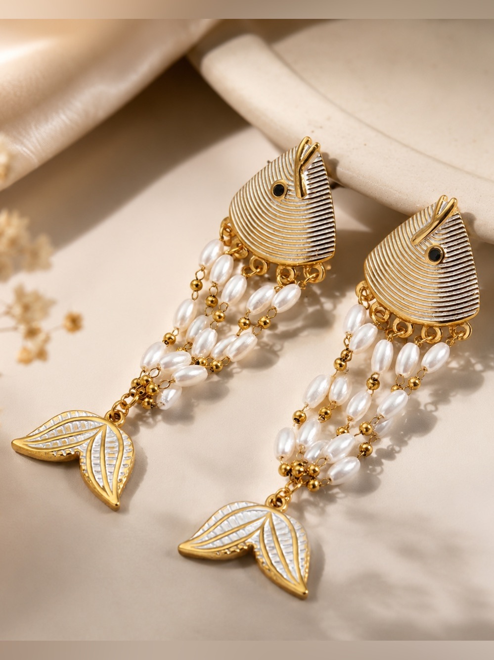 Gold and Pearl Fish Tail Drop Earrings - Elegant Women's Jewelry